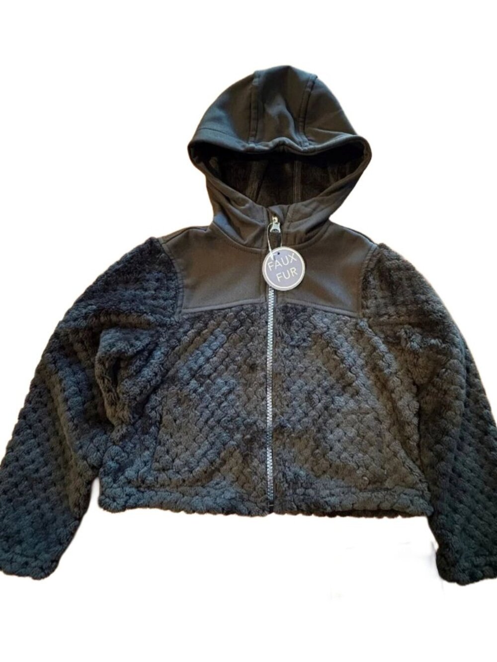 Weather Club Girls Faux Fur Jacket Black Hooded Size 4 NEW
